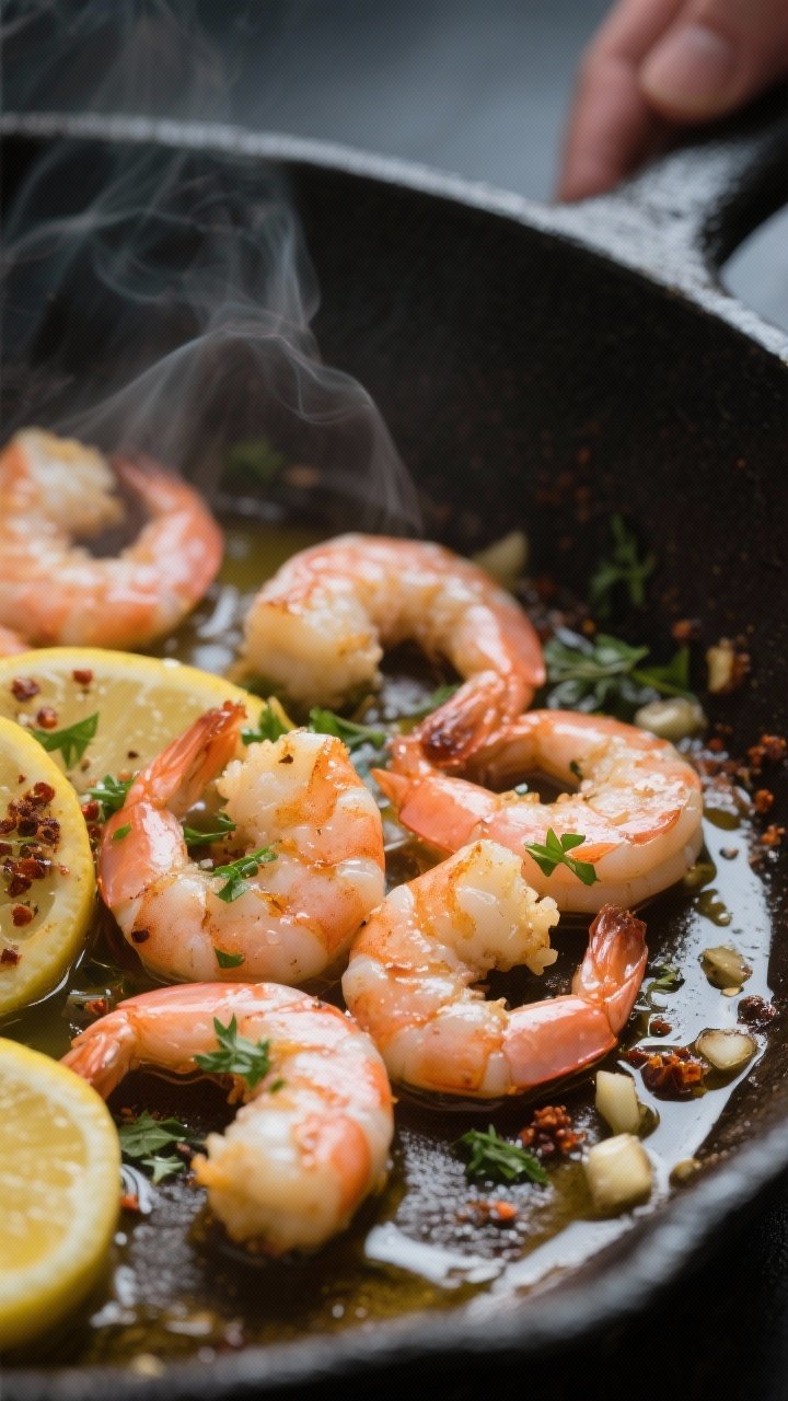 Close-up detail, cooking process: Searing lemon-herb shrimp in a hot skillet, shrimp curled into loo