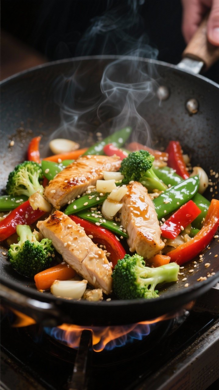 Close-up detail, cooking process: Sizzling chicken and veggie stir-fry in a carbon-steel wok over hi