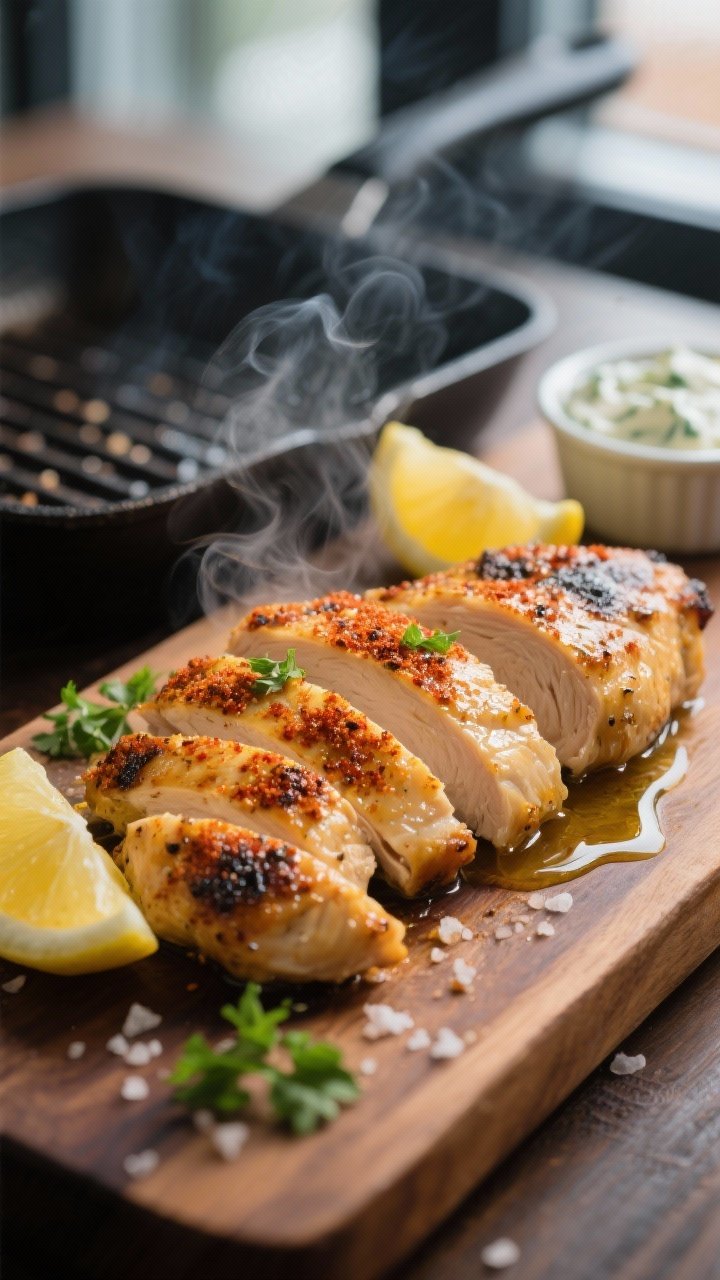 Close-up detail, cooking process: Sliced, golden-brown marinated chicken just off the grill pan, gli