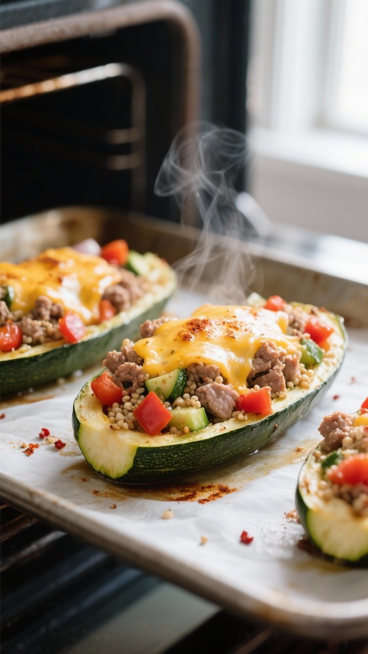 Close-up detail/cooking process: Stuffed zucchini boats coming out of the oven at 400°F, cheese lig