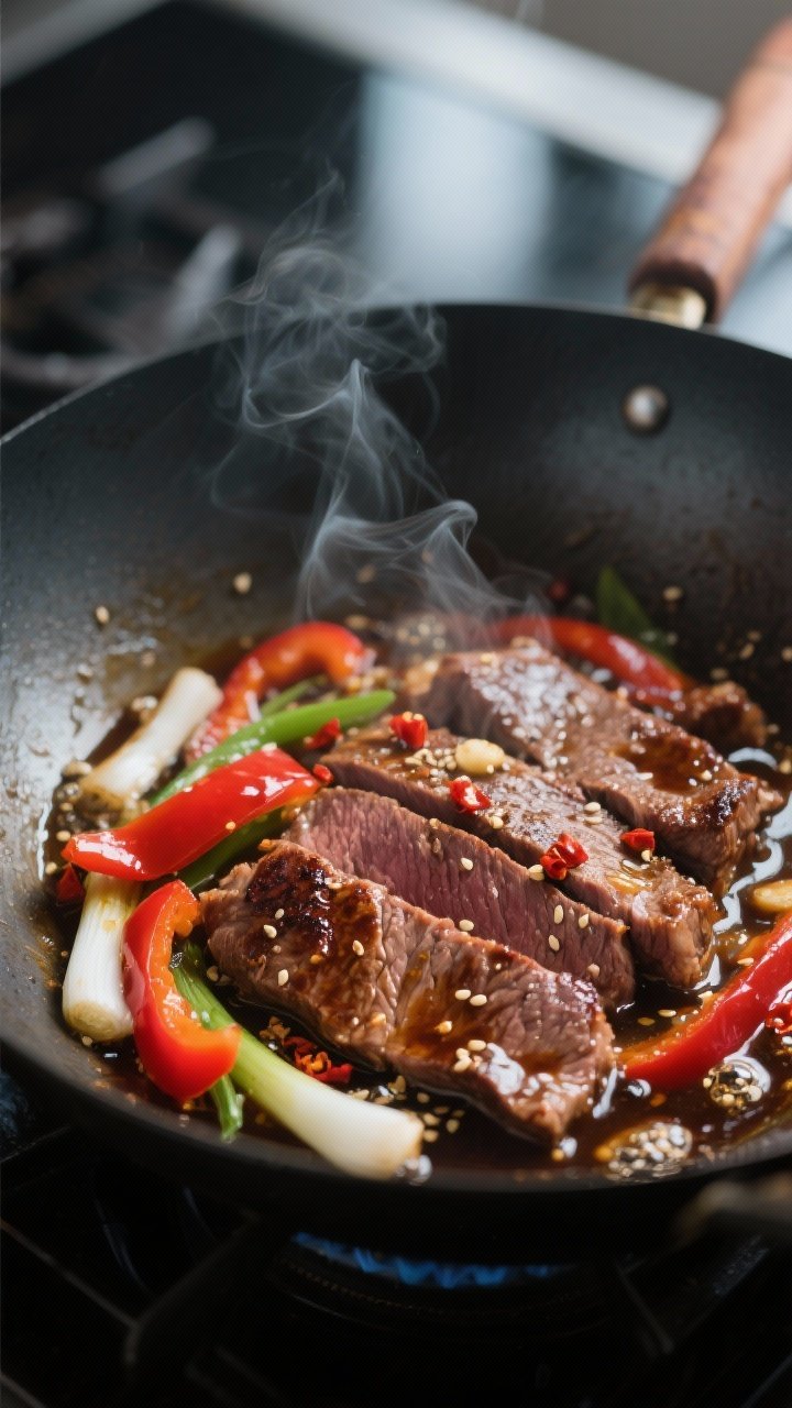 Close-up detail, cooking process: Thinly sliced flank steak sizzling in a wok with a glossy soy-garl