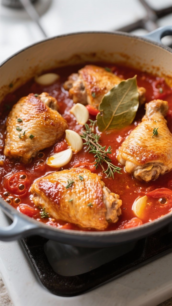 Close-up detail, cooking process: Tomato garlic braised chicken thighs simmering in a wide Dutch ove
