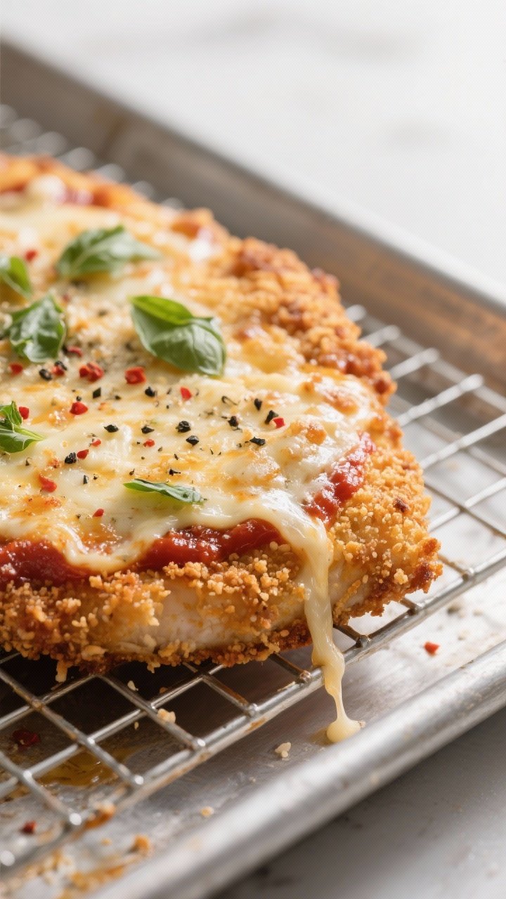 Close-up detail: Golden-baked chicken Parmesan cutlet just out of the oven on a greased wire rack ov