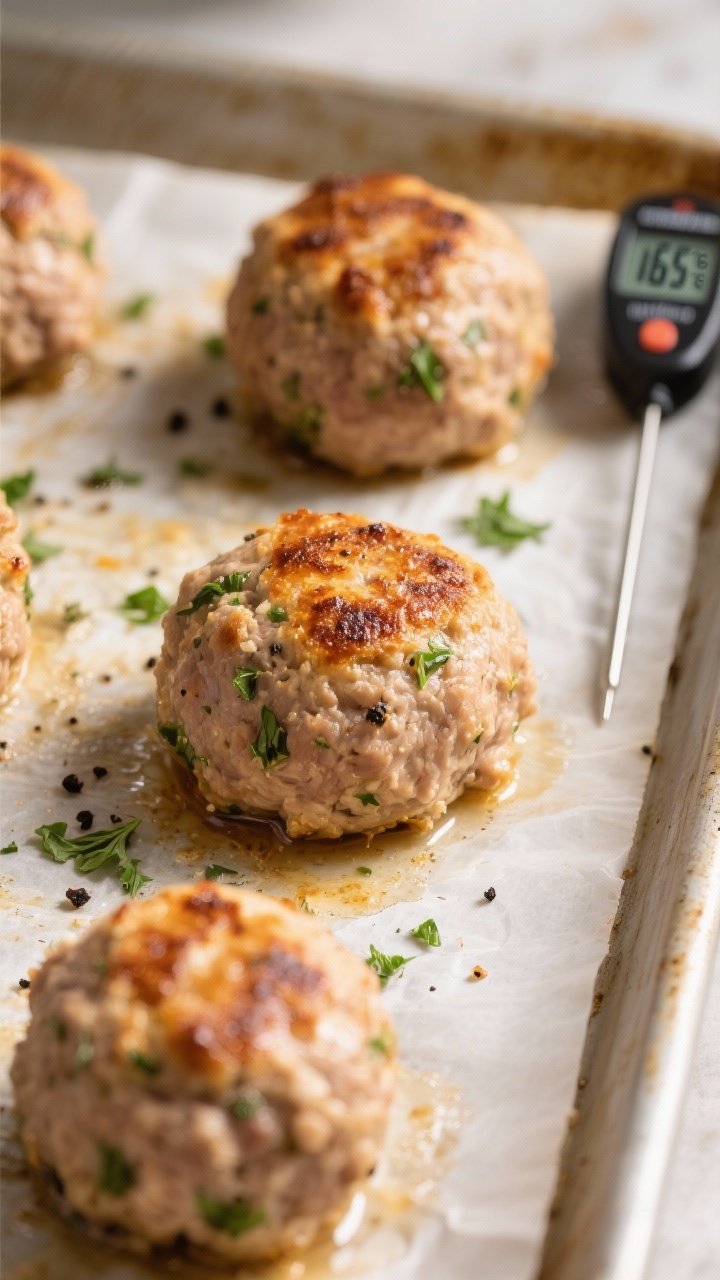 Close-up detail: Juicy baked turkey meatballs just out of the oven on a parchment-lined sheet, light