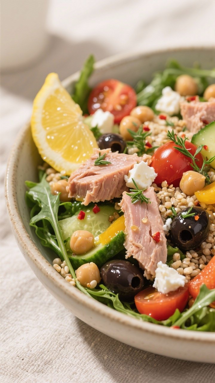 Close-up detail of a final plated bowl of the salad ready to eat: tender tuna flakes and chickpeas n