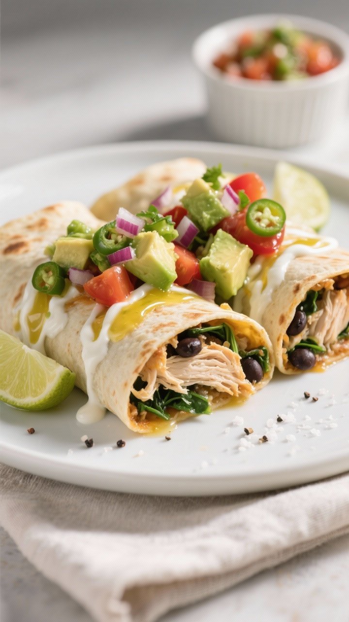 Close-up detail of a plated serving of two sliced chicken enchiladas revealing moist shredded chicke