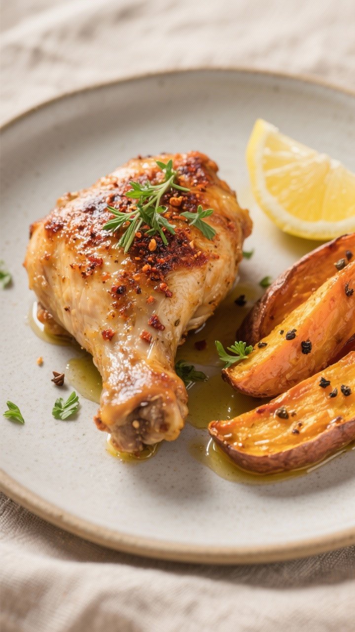Close-up detail of a plated serving: one crispy-skinned chicken thigh with rendered, blistered skin 