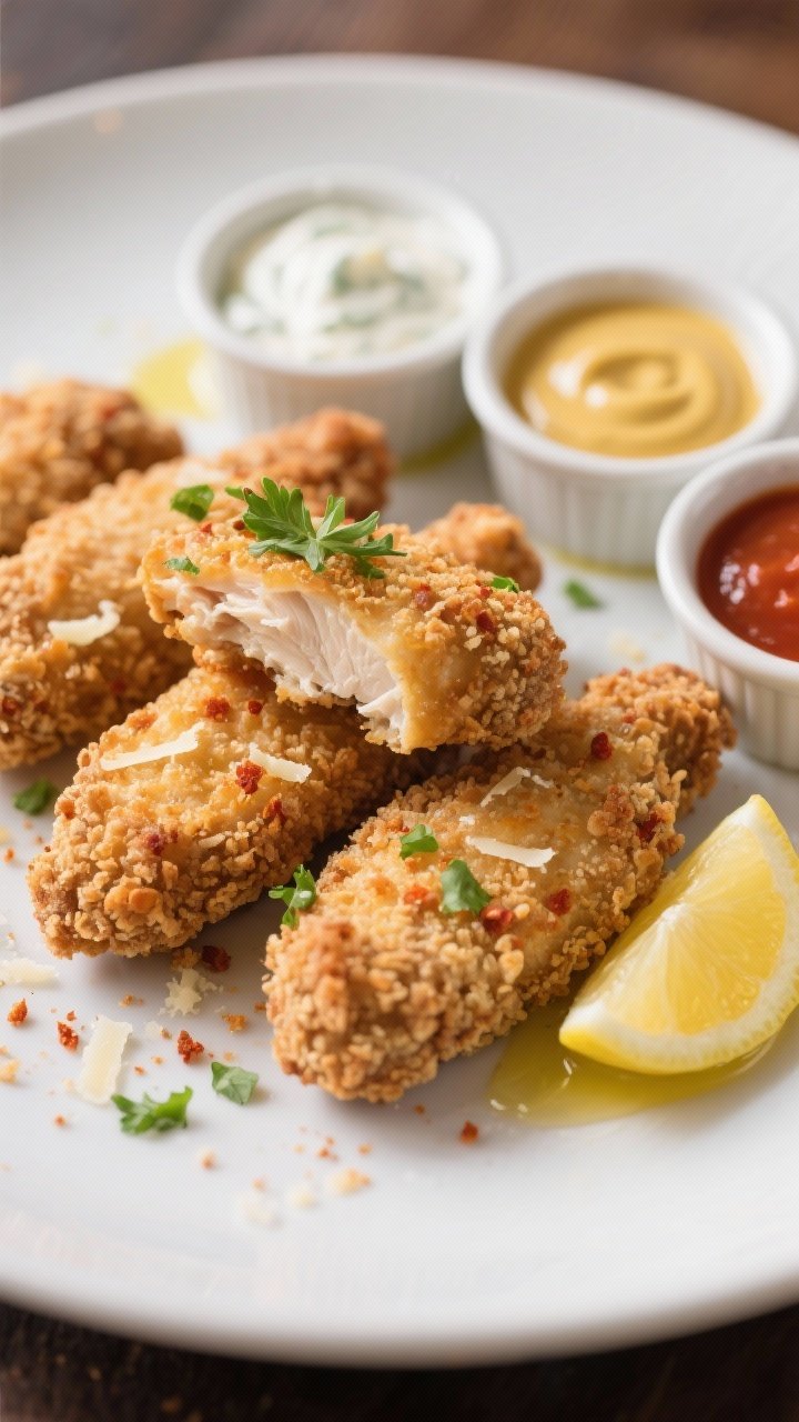 Close-up detail of plated chicken tenders on a matte white plate, ultra-crunchy whole-wheat panko co