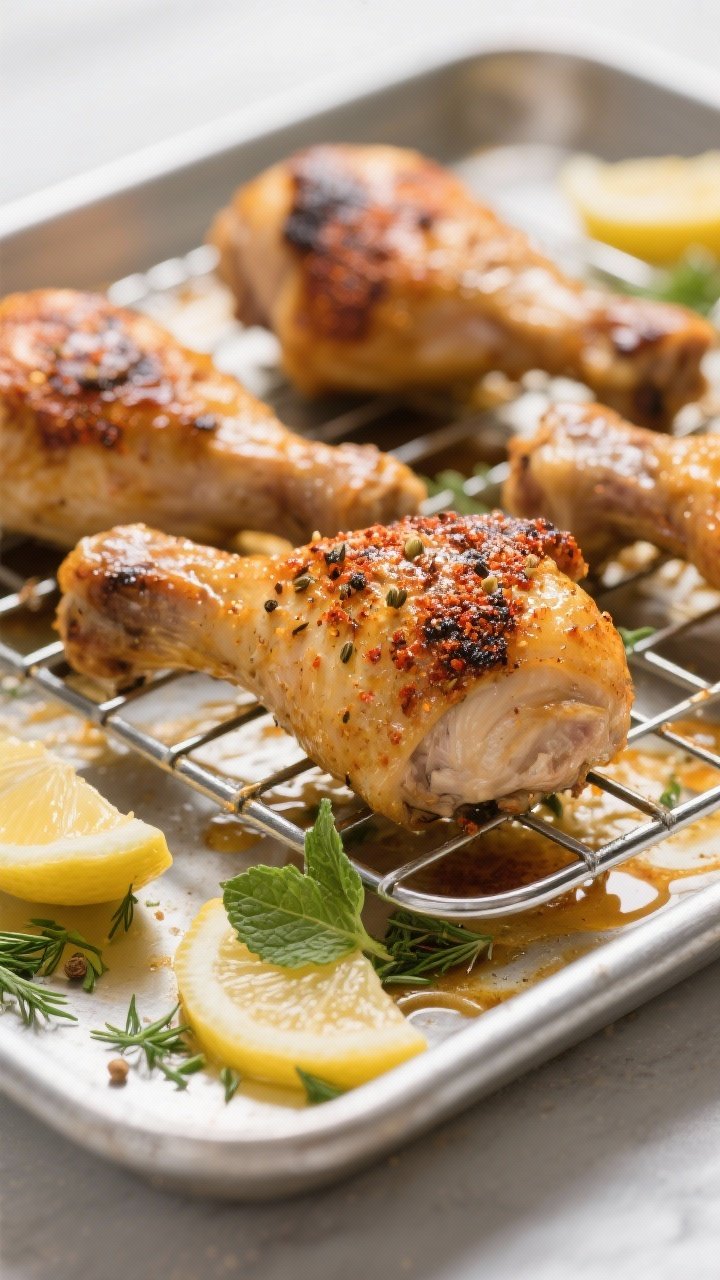 Close-up detail of roasted chicken thighs just out of the oven, skin-side up on a wire rack over a s