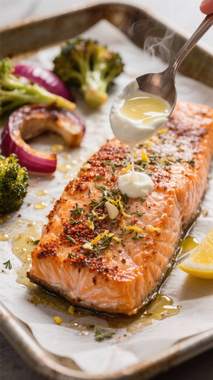 Close-up detail of roasted salmon fresh from the oven on a parchment-lined sheet pan, skin-side down