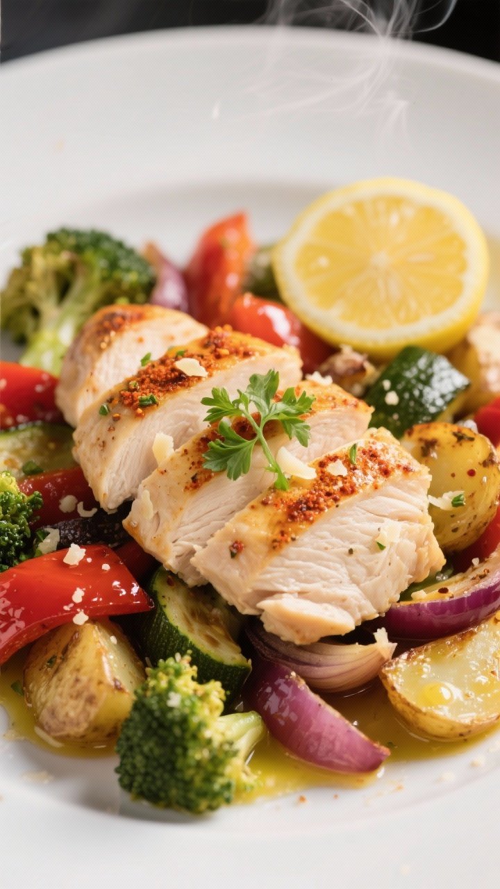 Close-up detail of the final plated dish: sliced garlic-lemon chicken breast fanned over a bed of ro