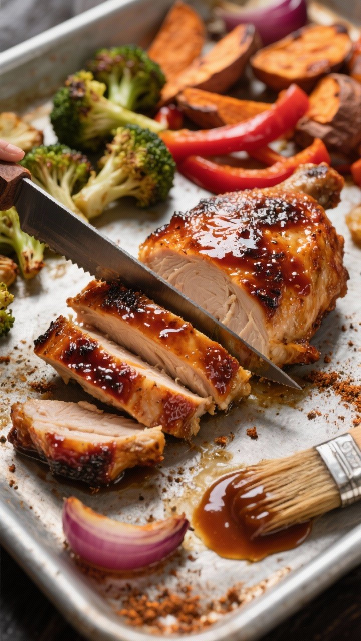 Close-up detail of the roasted-and-rested chicken being sliced on a sheet pan: juicy BBQ chicken thi