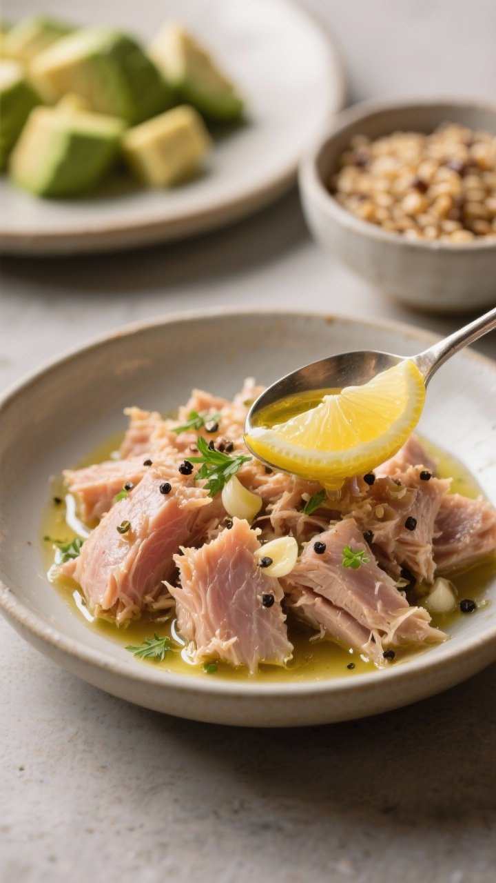 Close-up detail of the tuna component being finished before plating: cooked/prepared tuna flakes in 