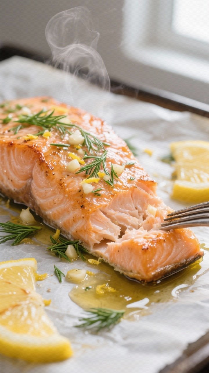 Close-up detail: Pan-seared/baked lemon dill salmon fillet just out of the oven on a parchment-lined