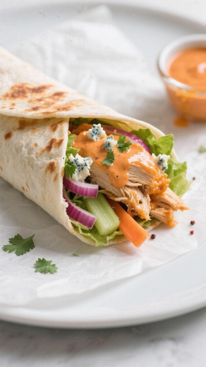 Close-up detail shot: A freshly toasted buffalo chicken protein wrap sliced on the bias, revealing j