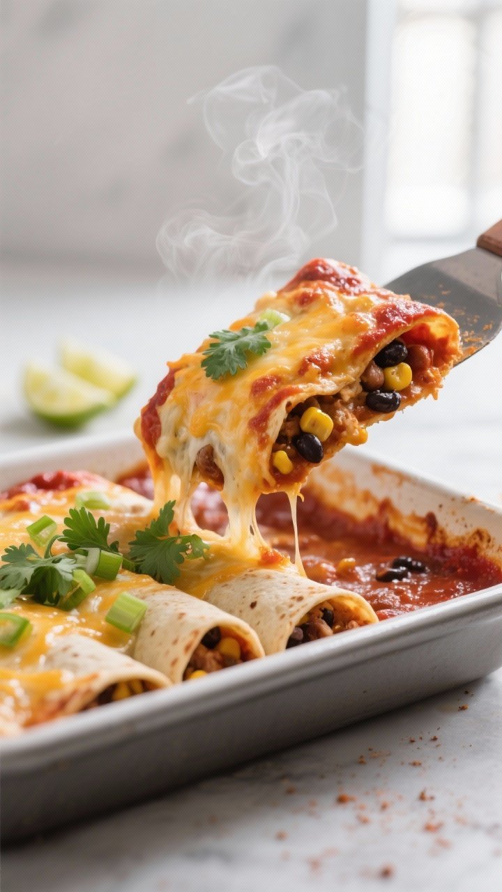 Close-up detail shot: A just-baked cheesy chicken enchilada being lifted from a 9x13 baking dish wit