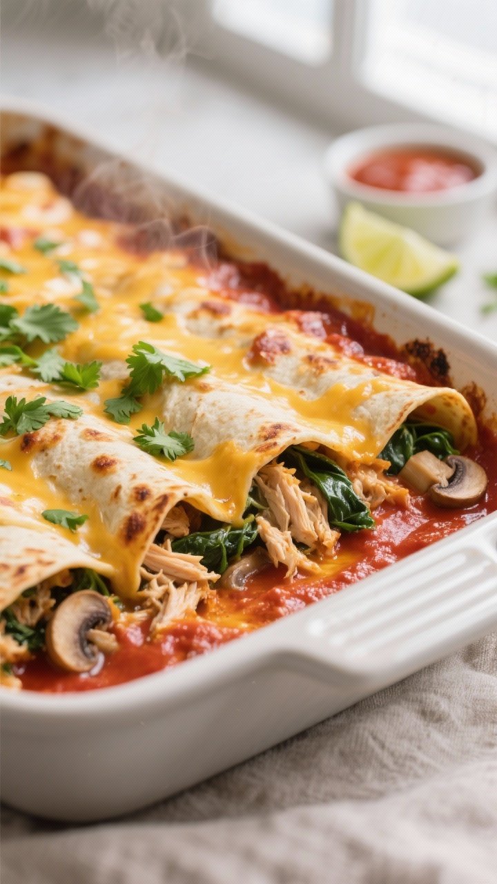 Close-up detail shot: A just-baked pan of chicken enchiladas with spinach and mushrooms, edges bubbl