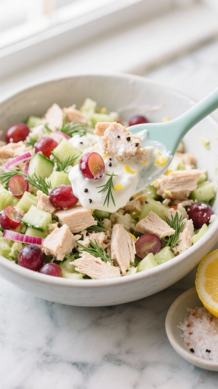 Close-up detail shot: A mixing bowl of prepared Greek yogurt chicken salad just after folding togeth