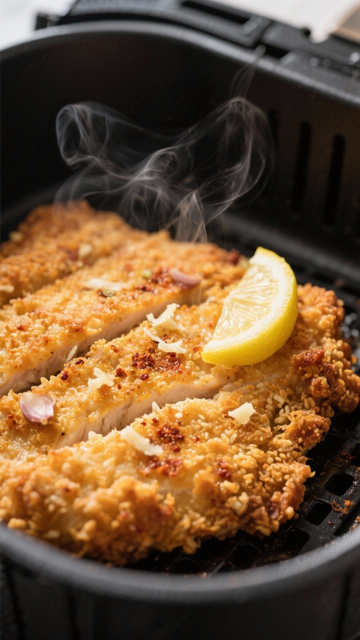 Close-up detail shot: Air-fried crispy chicken cutlet just out of the basket, golden-brown crust wit