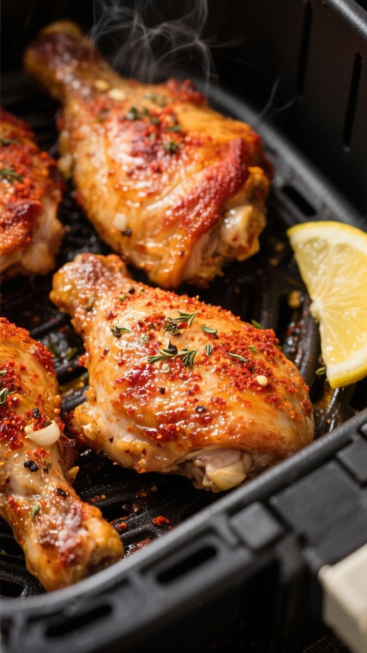 Close-up detail shot: Air fryer paprika chicken thighs just finished cooking, skin-side up in the op