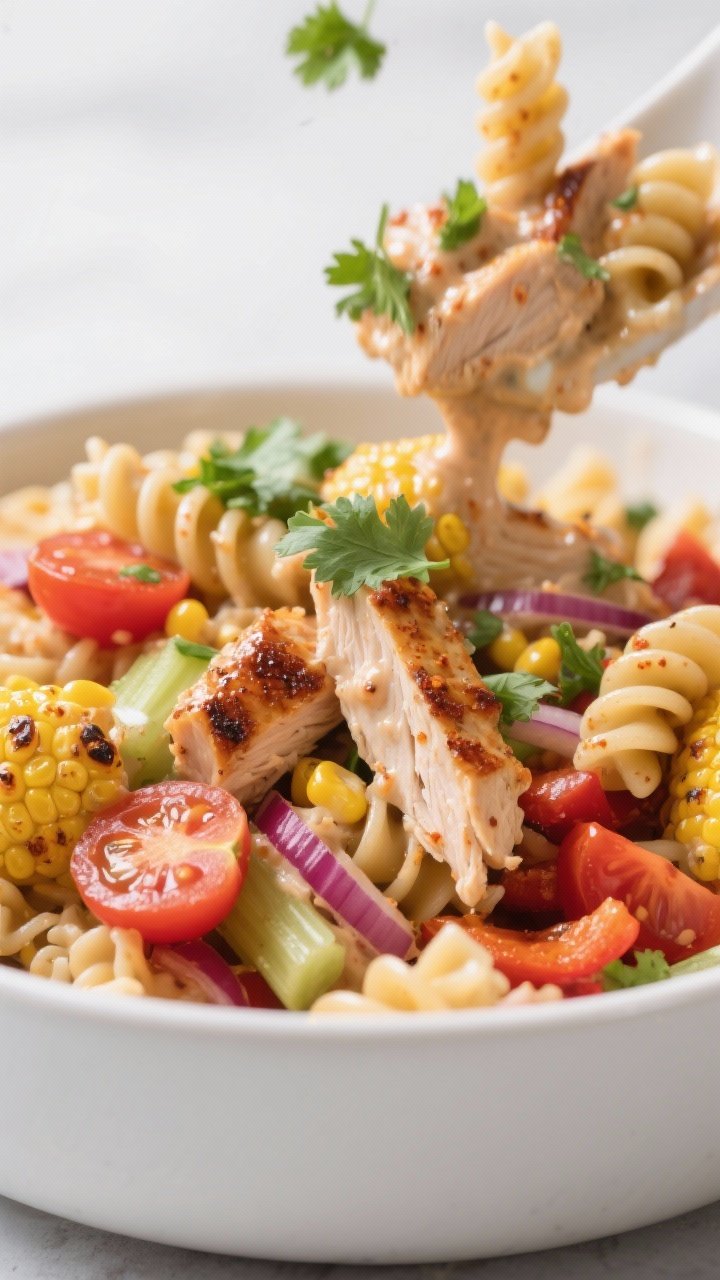 Close-up detail shot: BBQ Chicken & Sweet Corn Pasta Salad mid-toss in a large white mixing bowl, pa