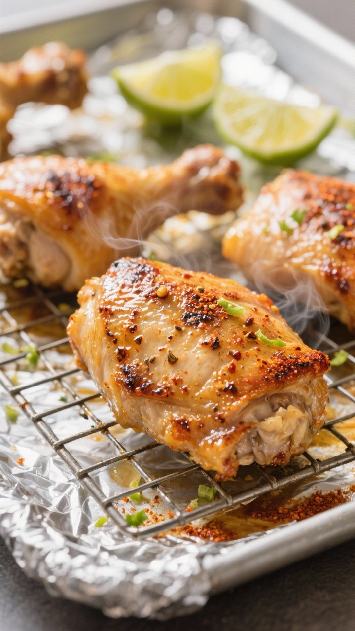 Close-up detail shot: Chili Lime Baked Chicken Thighs just out of the oven, skin-side up on a wire r