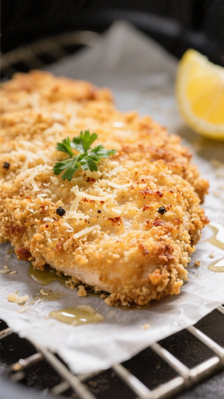 Close-up detail shot: Crispy Parmesan-crusted chicken cutlet just out of the air fryer, extreme clos