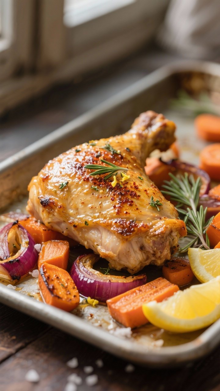 Close-up detail shot: Golden, crisp-skinned herb-roasted chicken thigh resting atop caramelized carr