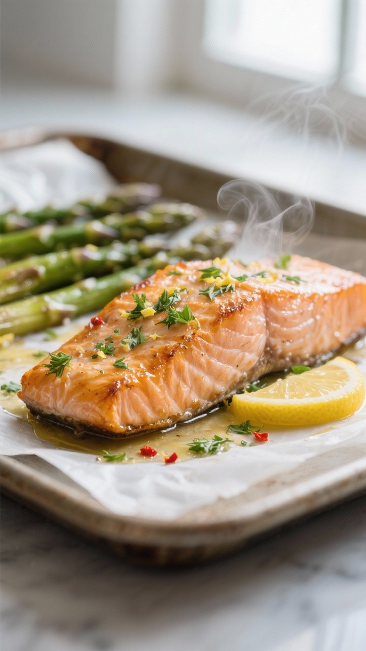 Close-up detail shot: Golden-edged, oven-roasted lemon herb salmon filet just out of the oven, highl