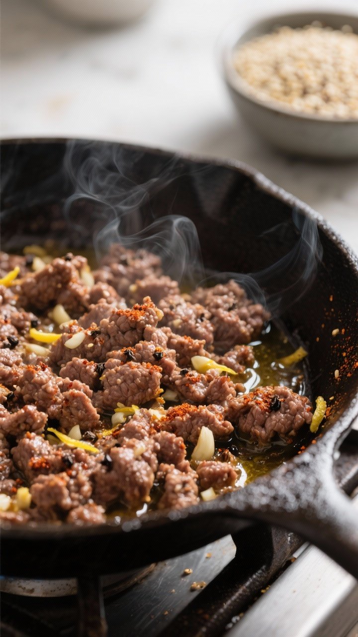 Close-up detail shot: Juicy, browned lean ground beef sizzling in a cast-iron skillet, flecked with 