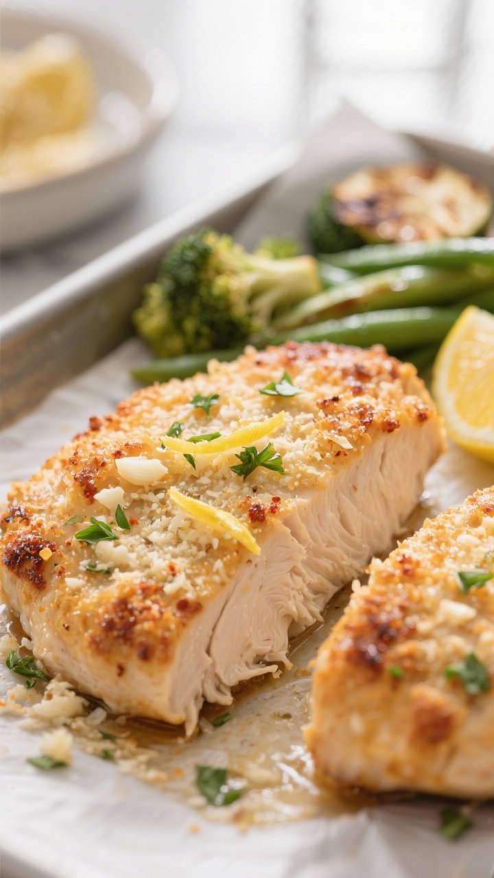 Close-up detail shot: Juicy Garlic Parmesan chicken breast just out of the oven, golden-brown Parmes