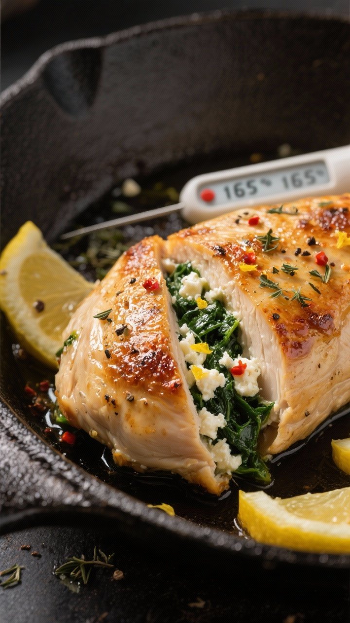 Close-up detail shot: Juicy spinach and feta stuffed chicken breast just out of the oven, golden sea