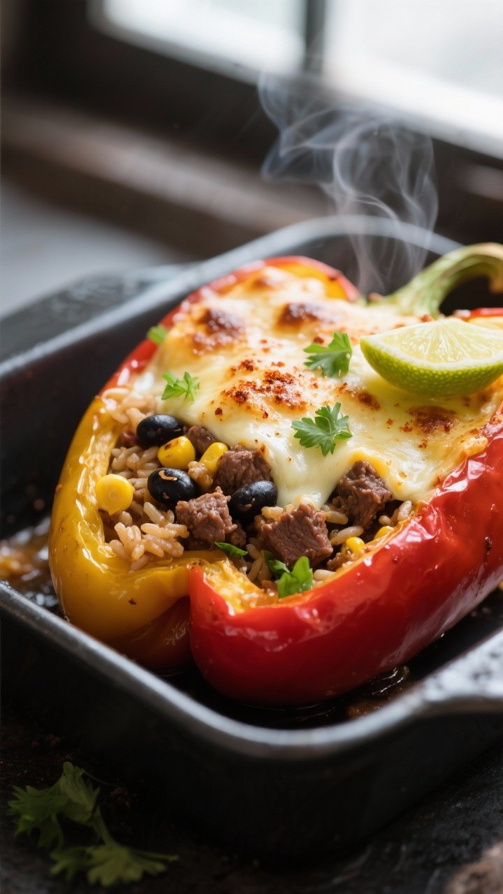 Close-up detail shot of a freshly baked beef taco stuffed pepper just out of the oven: tender red an