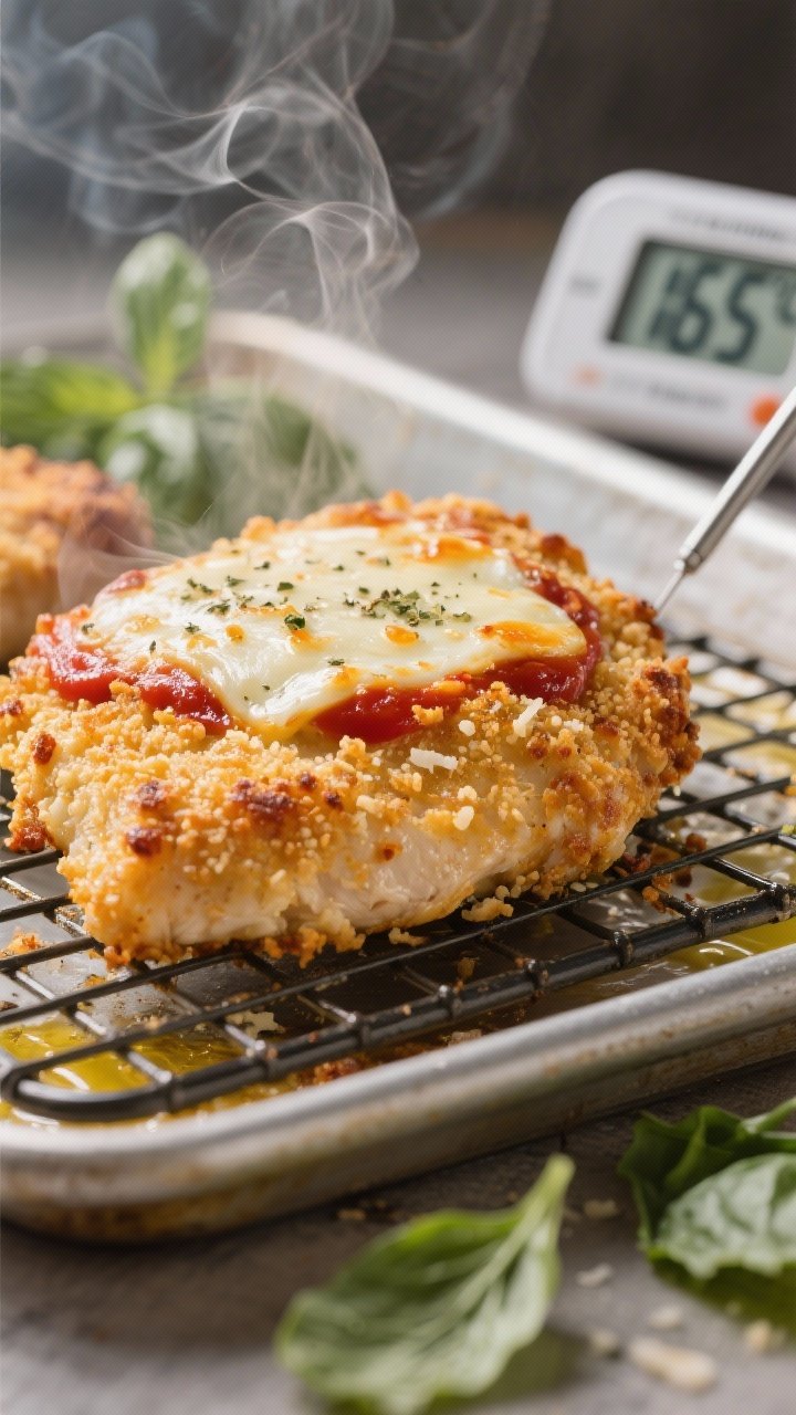 Close-up detail shot of baked chicken parmesan cutlet just after the quick broil: golden, ultra-cris