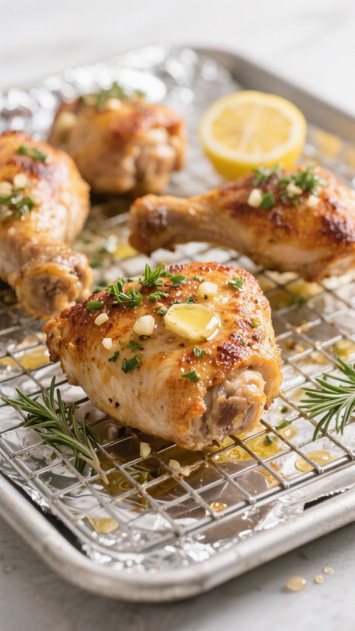 Close-up detail shot of garlic herb baked chicken thighs just out of the oven on a wire rack over a 