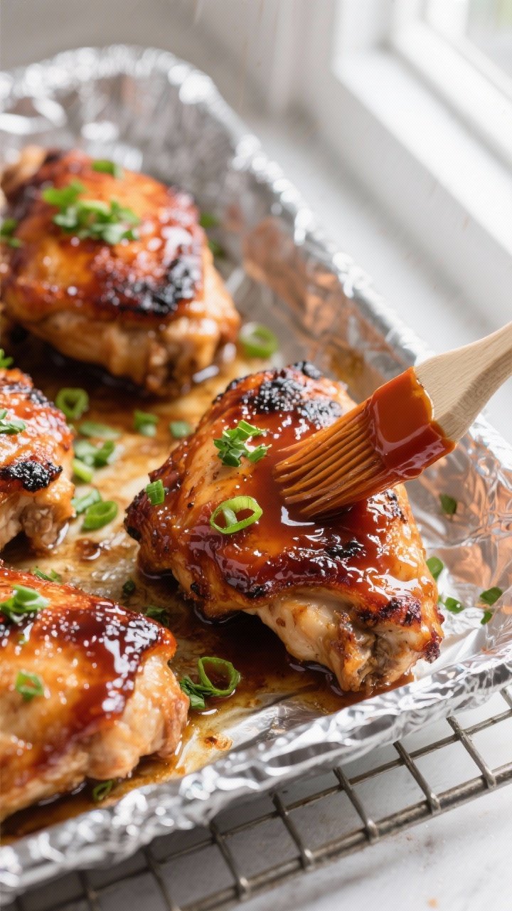 Close-up detail shot of glazed BBQ baked chicken thighs just after broiling: caramelized, lacquered 