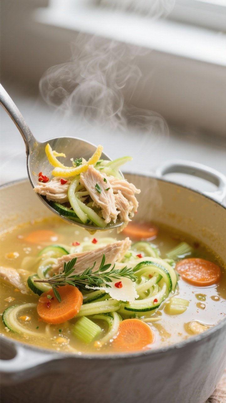 Close-up detail shot of steaming Chicken Zoodle Soup being ladled from a Dutch oven: tender shredded