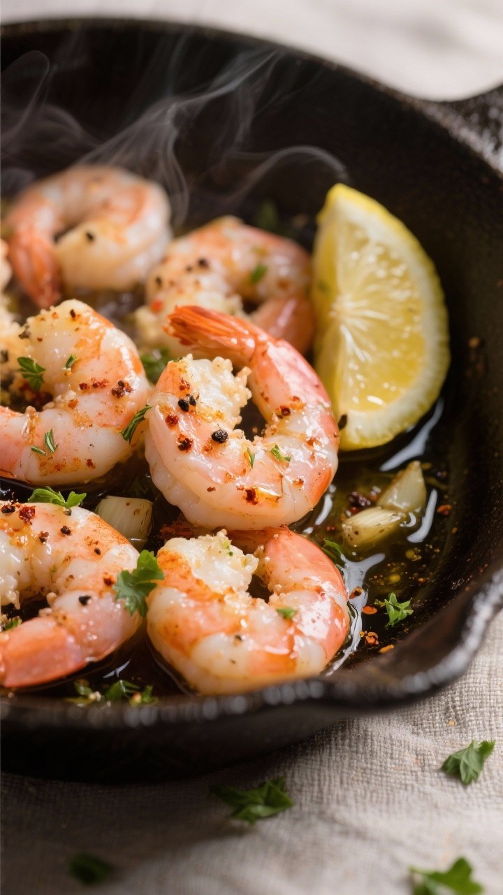 Close-up detail shot: Sizzling lemon-garlic shrimp just finished in a skillet, pink and opaque with 