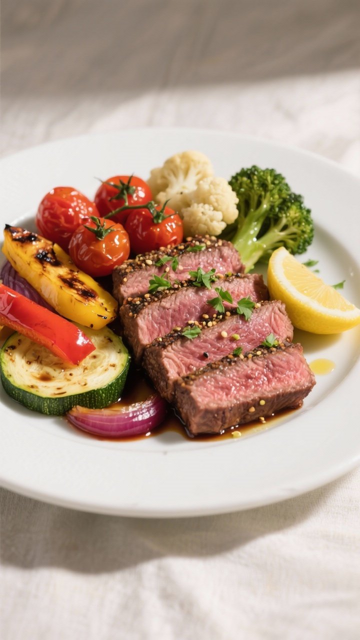 Close-up final plate of sliced medium-rare steak and roasted rainbow vegetables: steak cut against t