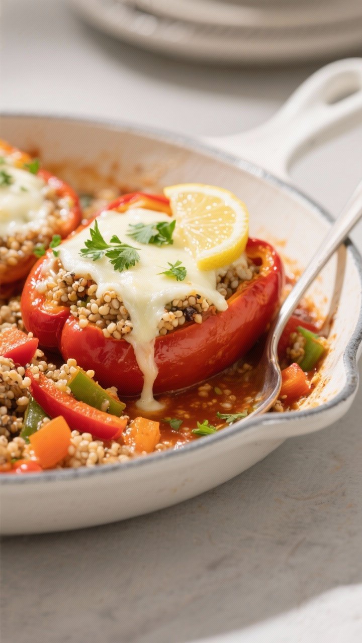 Close-up final presentation of the Healthy Low Calorie Stuffed Bell Pepper Skillet served family-sty