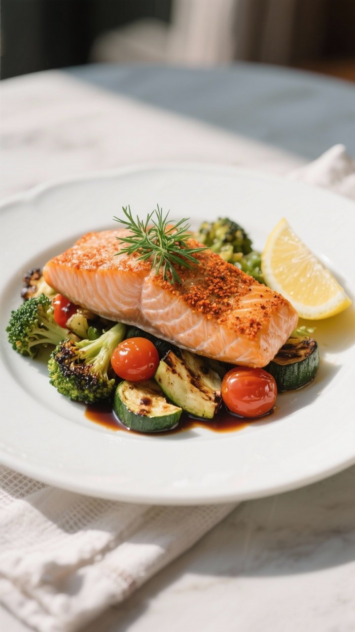 Close-up, of a plated serving: flaky medium-cooked salmon (125–130°F) with visible moist layers a
