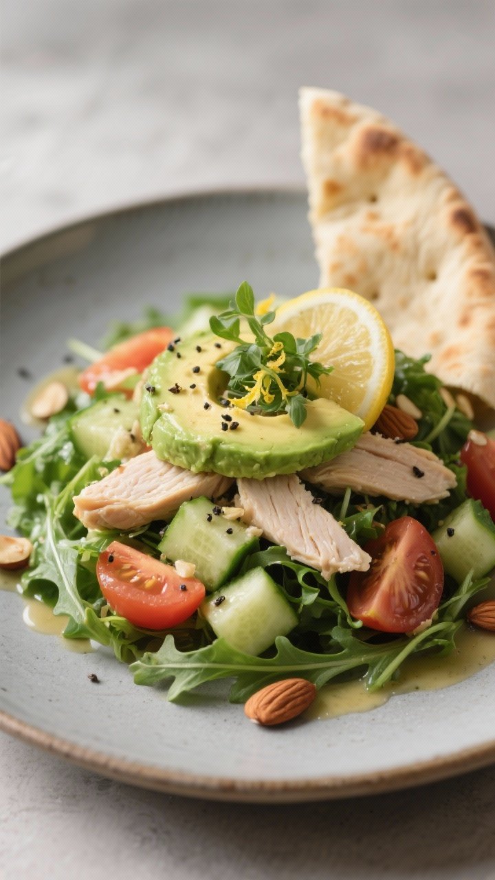 Close-up plated final dish: Chicken Avocado Salad mounded over a bed of arugula on a matte ceramic p