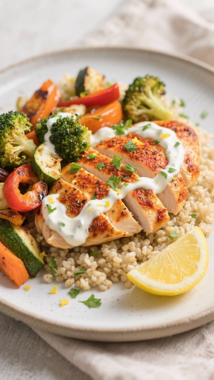 Close-up plated final dish: sliced, juicy paprika-oregano chicken breast fanned over a bed of fluffy