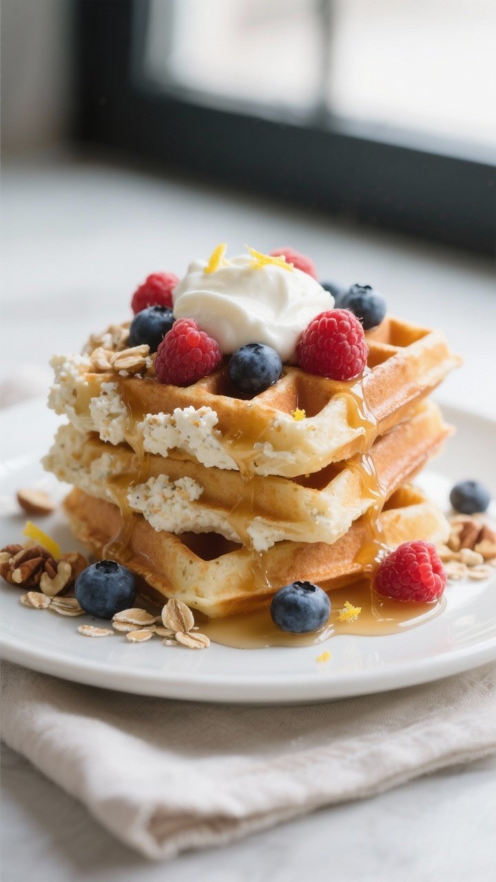 Close-up plated final dish: stack of fluffy cottage cheese protein waffles topped with a generous do