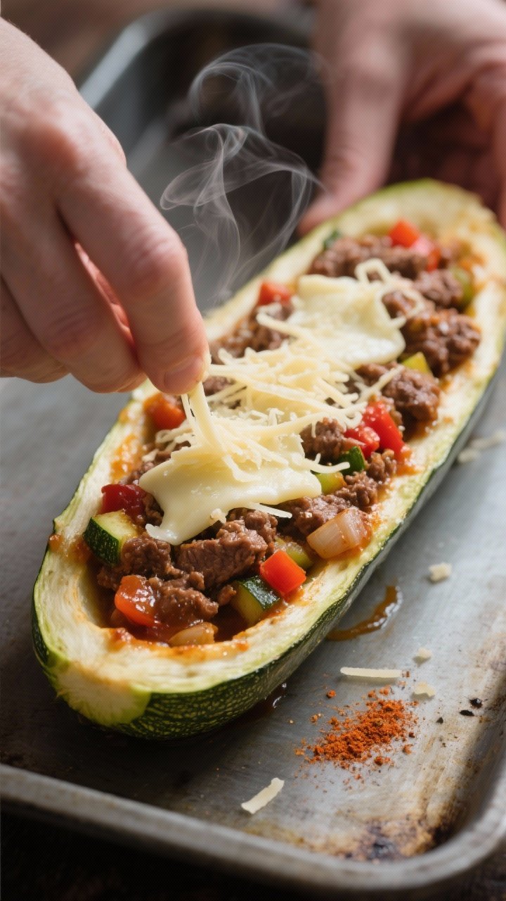 Close-up process shot of a single par-baked zucchini boat being filled and topped on the pan: thick,