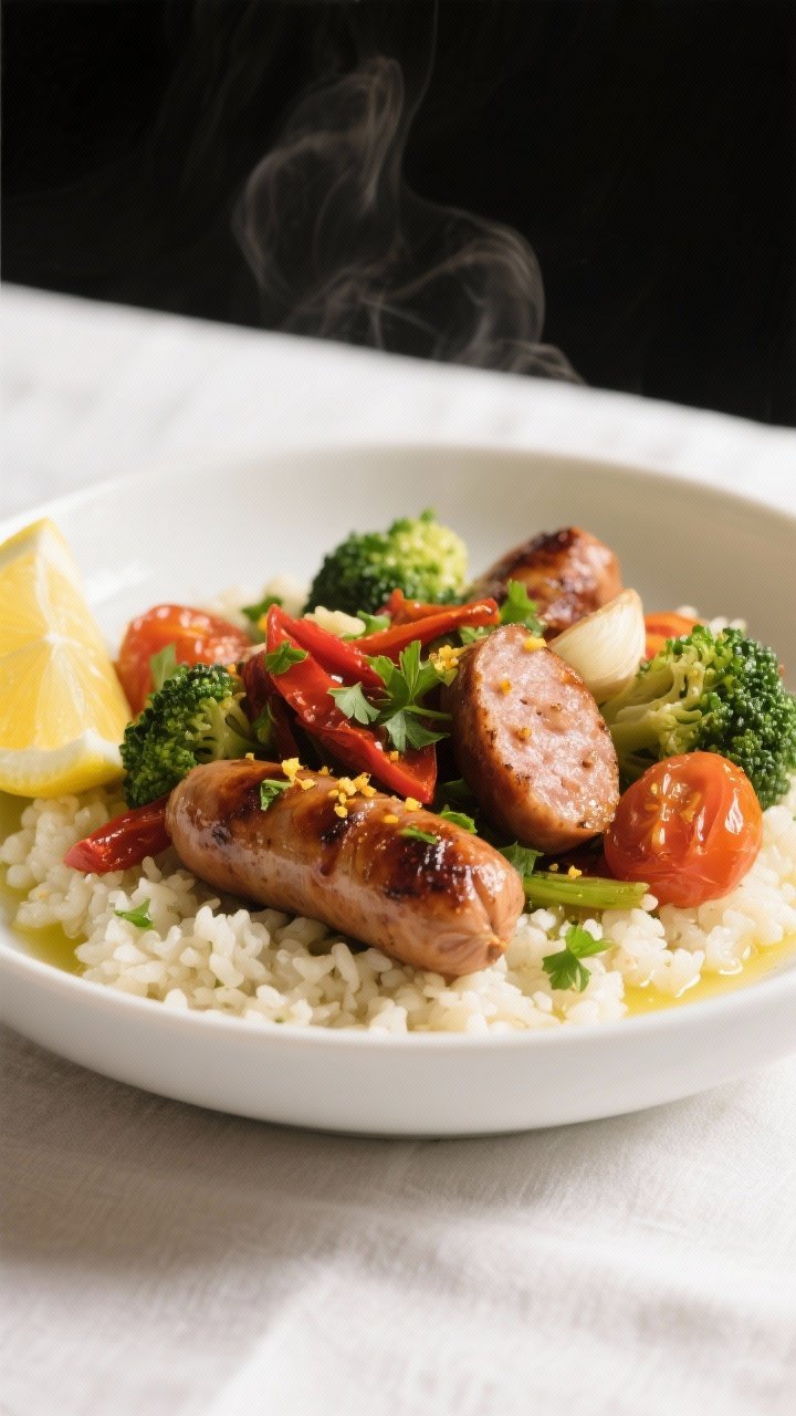 Close-up, restaurant-quality plated finale: a shallow white bowl filled with the roasted sausage and