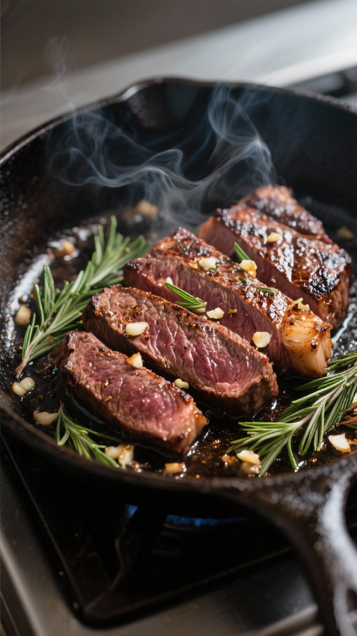 Close-up sear in action: Slices of rosemary-garlic marinated lean sirloin sizzling in a very hot cas