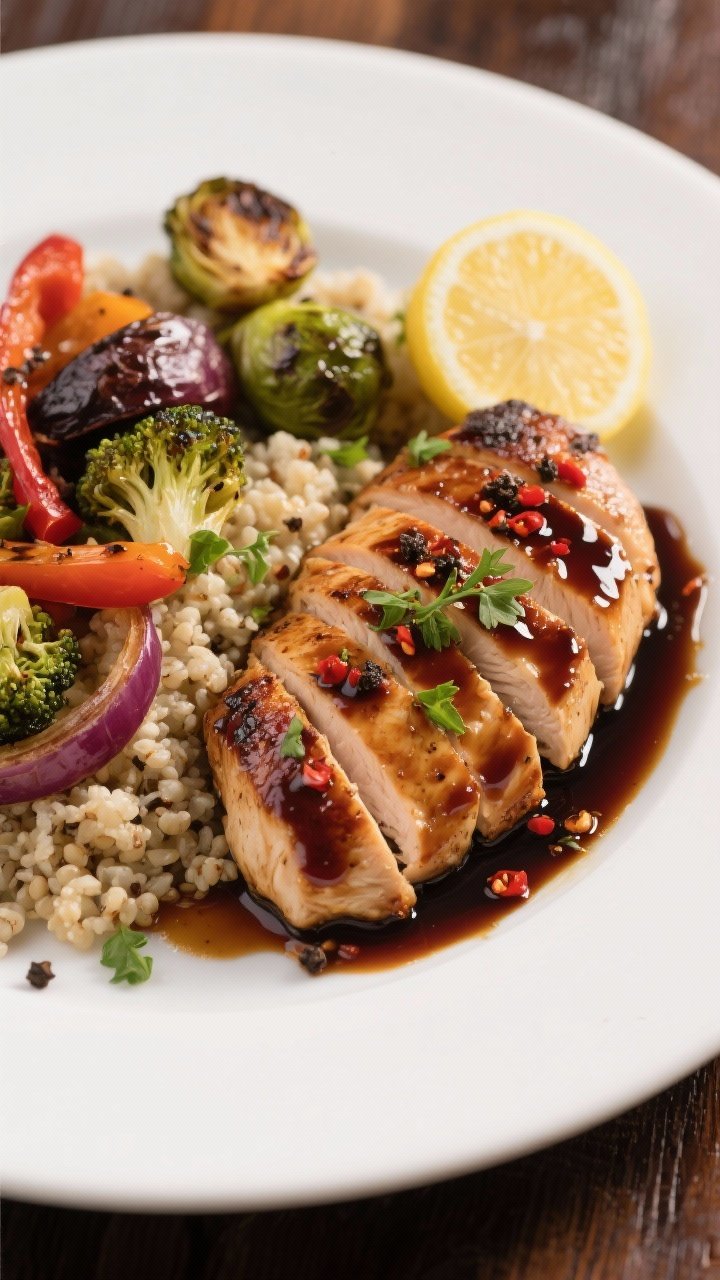 Close-up, shallow depth-of-field detail of a plated serving: sliced juicy balsamic chicken breast fa