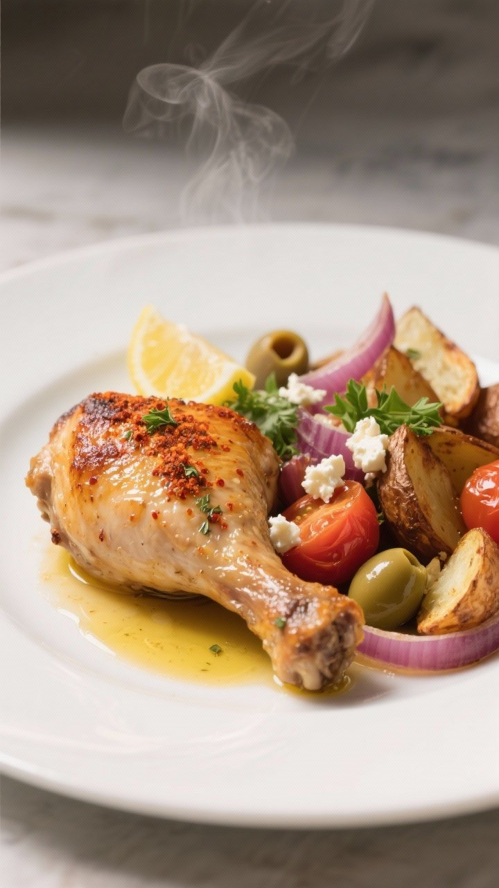 Close-up, shallow depth-of-field plate-up of a single chicken thigh served family-style: ultra-crisp