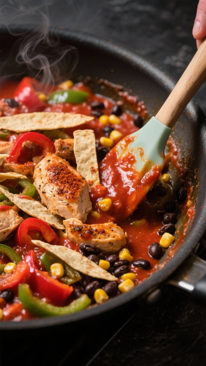 Close-up, three-quarter angle process shot of the skillet right after stirring in tortilla strips: c
